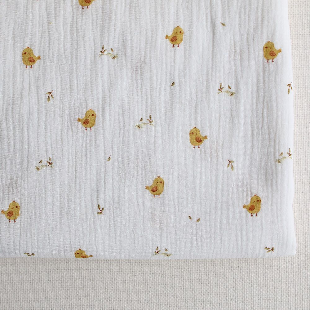 Carlito - Double gaze de coton motif fond blanc motif poussin
