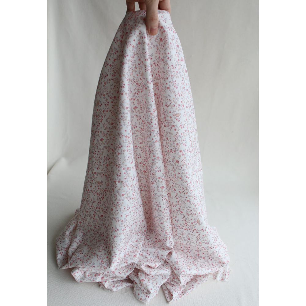 Plume - Tissu sergé de coton imprimé fleuri et oiseaux rose