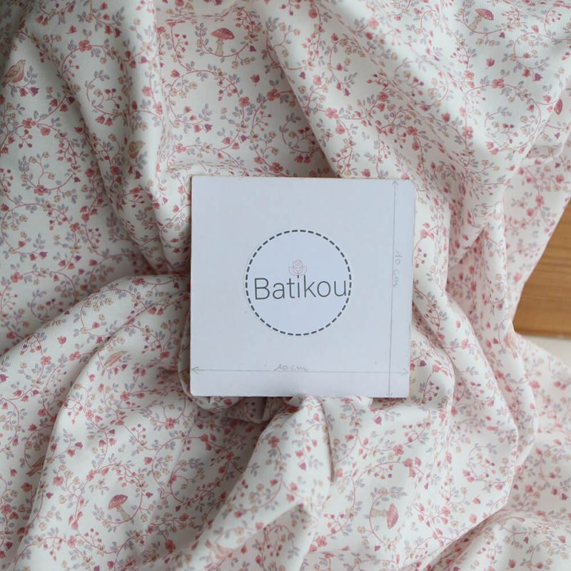 Plume - Tissu sergé de coton imprimé fleuri et oiseaux rose