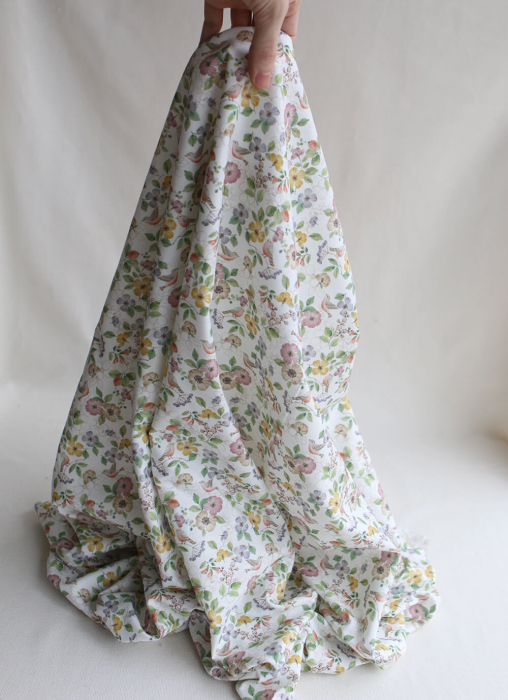 Airelle - Tissu sergé de coton imprimé fleuri et oiseaux