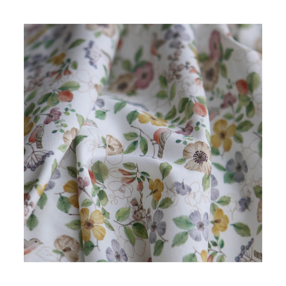 Airelle - Tissu sergé de coton imprimé fleuri et oiseaux