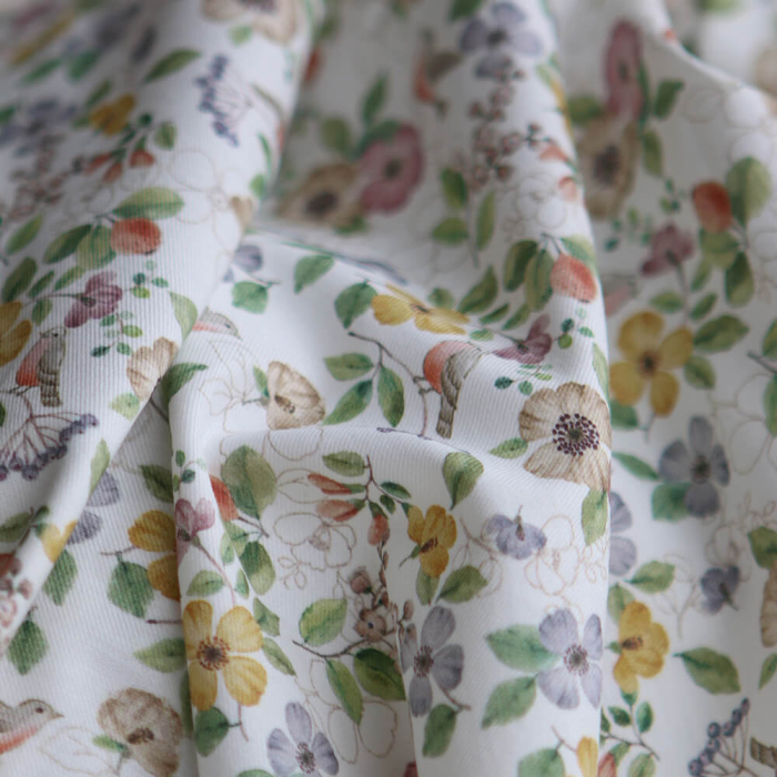 Airelle - Tissu sergé de coton imprimé fleuri et oiseaux