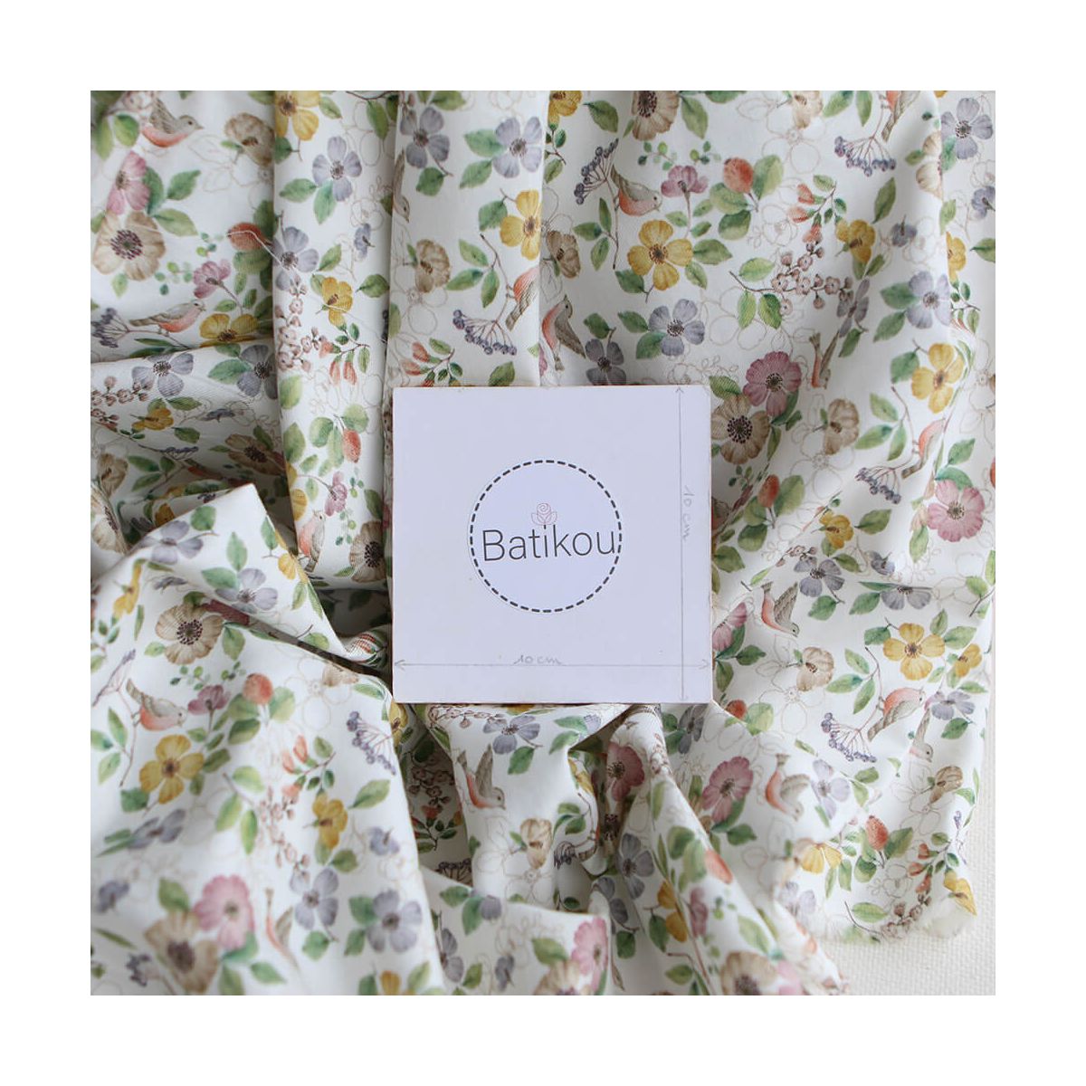 Airelle - Tissu sergé de coton imprimé fleuri et oiseaux