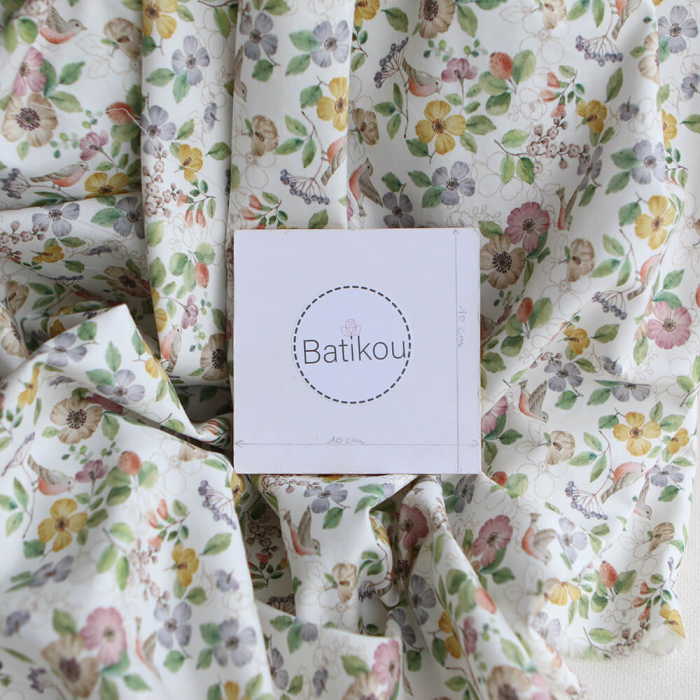 Airelle - Tissu sergé de coton imprimé fleuri et oiseaux