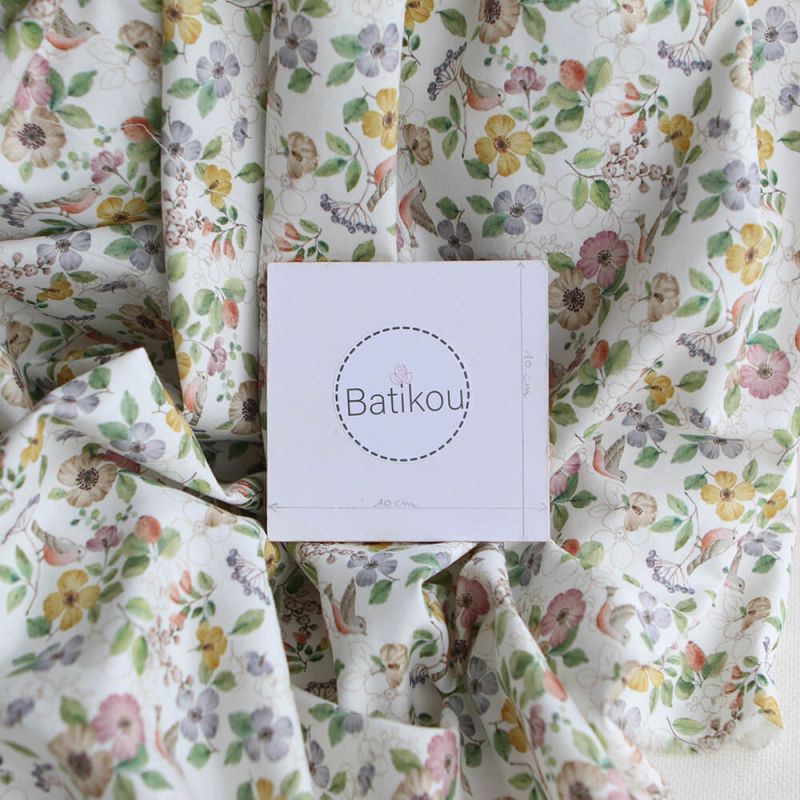 Airelle - Tissu sergé de coton imprimé fleuri et oiseaux