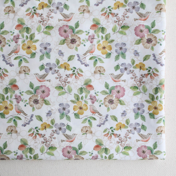 Airelle - Tissu sergé de coton imprimé fleuri et oiseaux