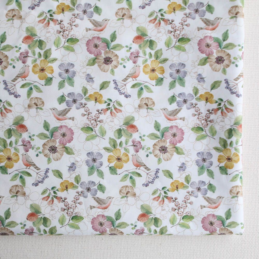 Airelle - Tissu sergé de coton imprimé fleuri et oiseaux