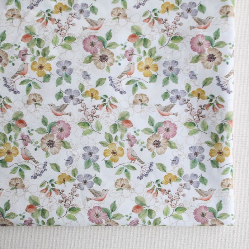 Airelle - Tissu sergé de coton imprimé fleuri et oiseaux