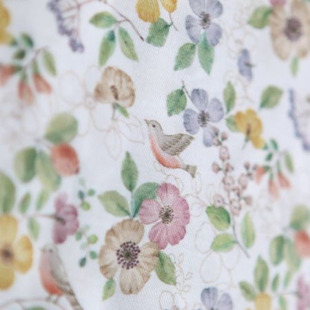 Airelle - Tissu sergé de coton imprimé fleuri et oiseaux