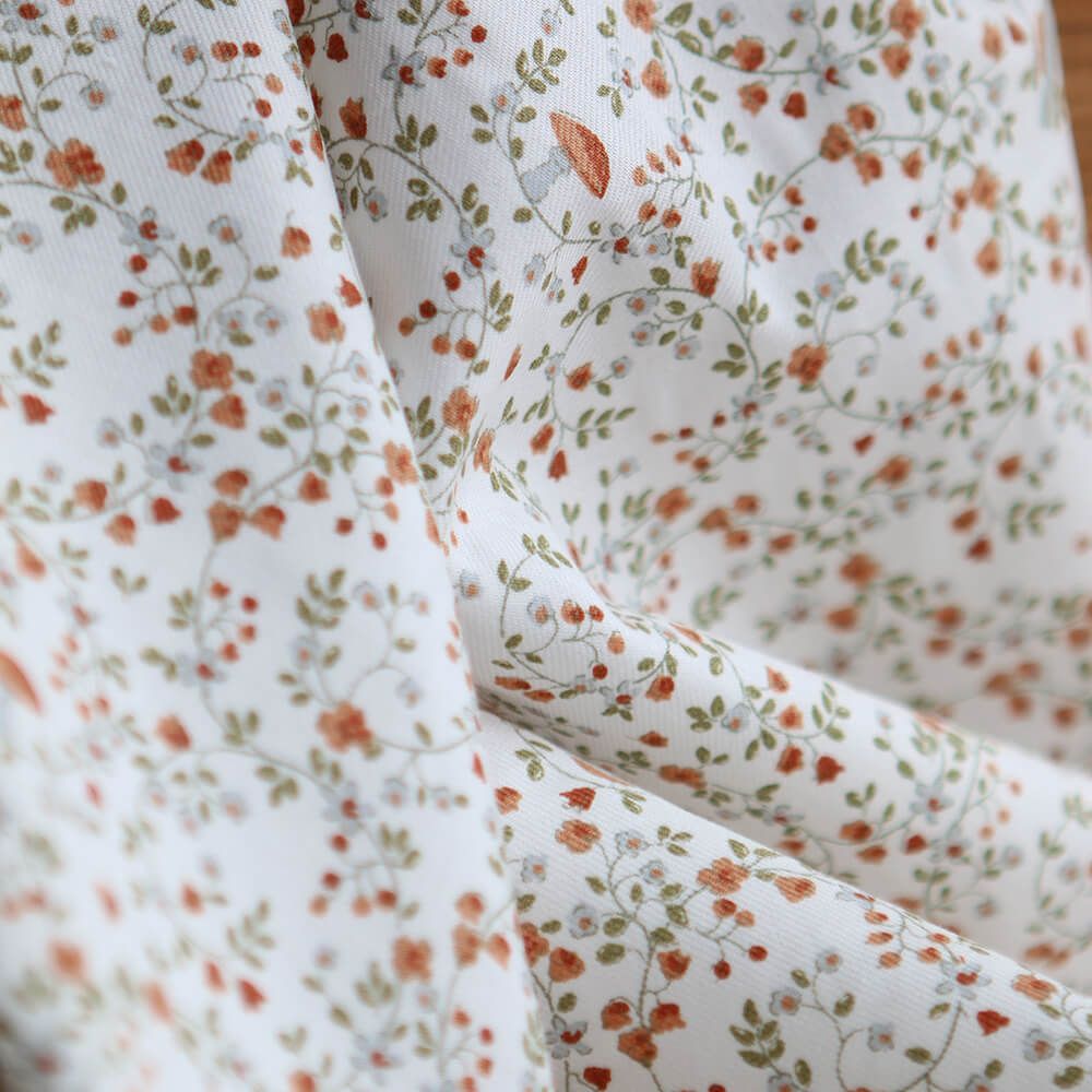 Plume - Tissu sergé de coton imprimé fleuri et oiseaux roux