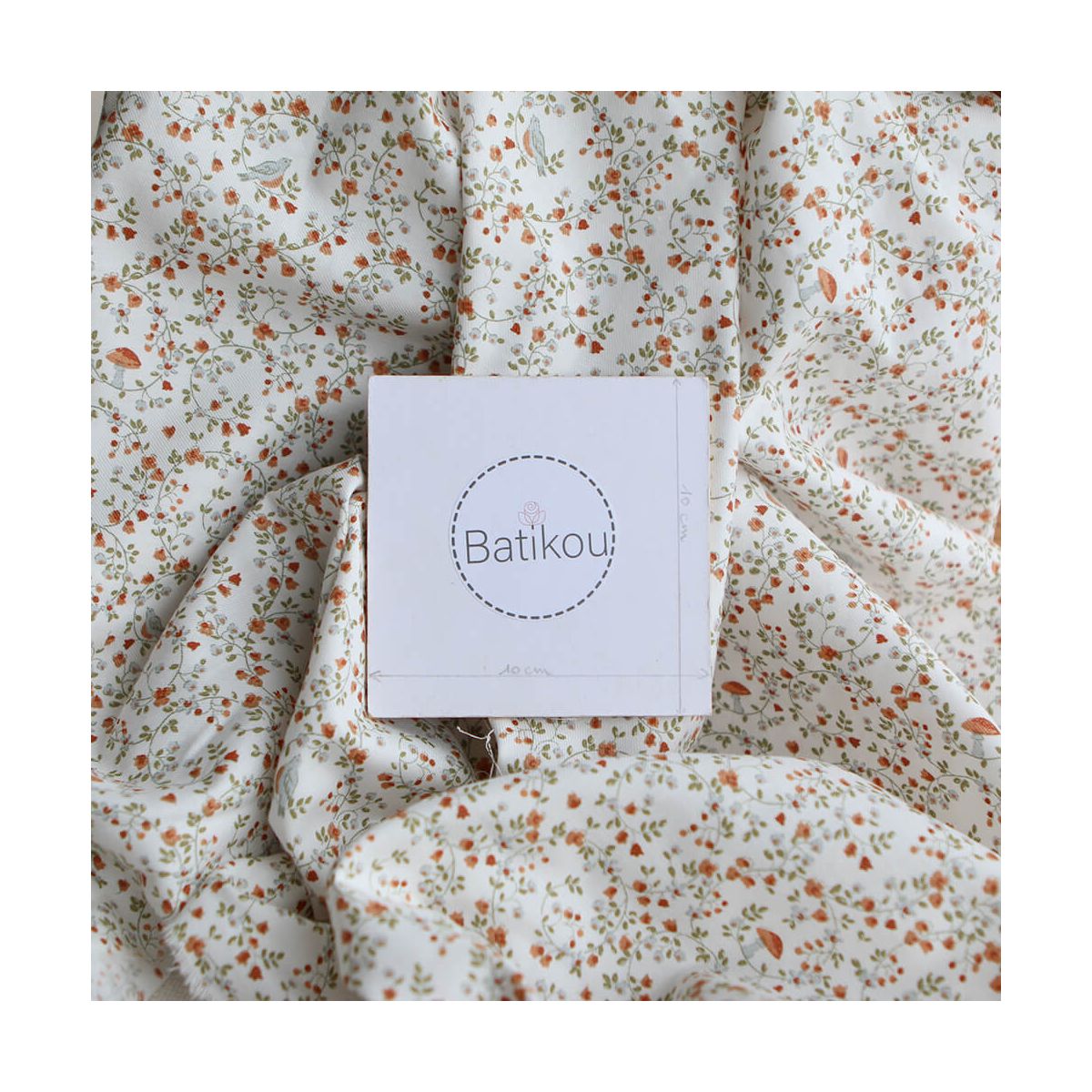 Plume - Tissu sergé de coton imprimé fleuri et oiseaux roux