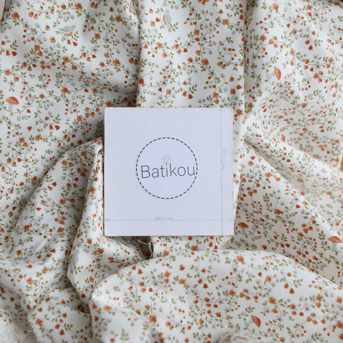 Plume - Tissu sergé de coton imprimé fleuri et oiseaux roux