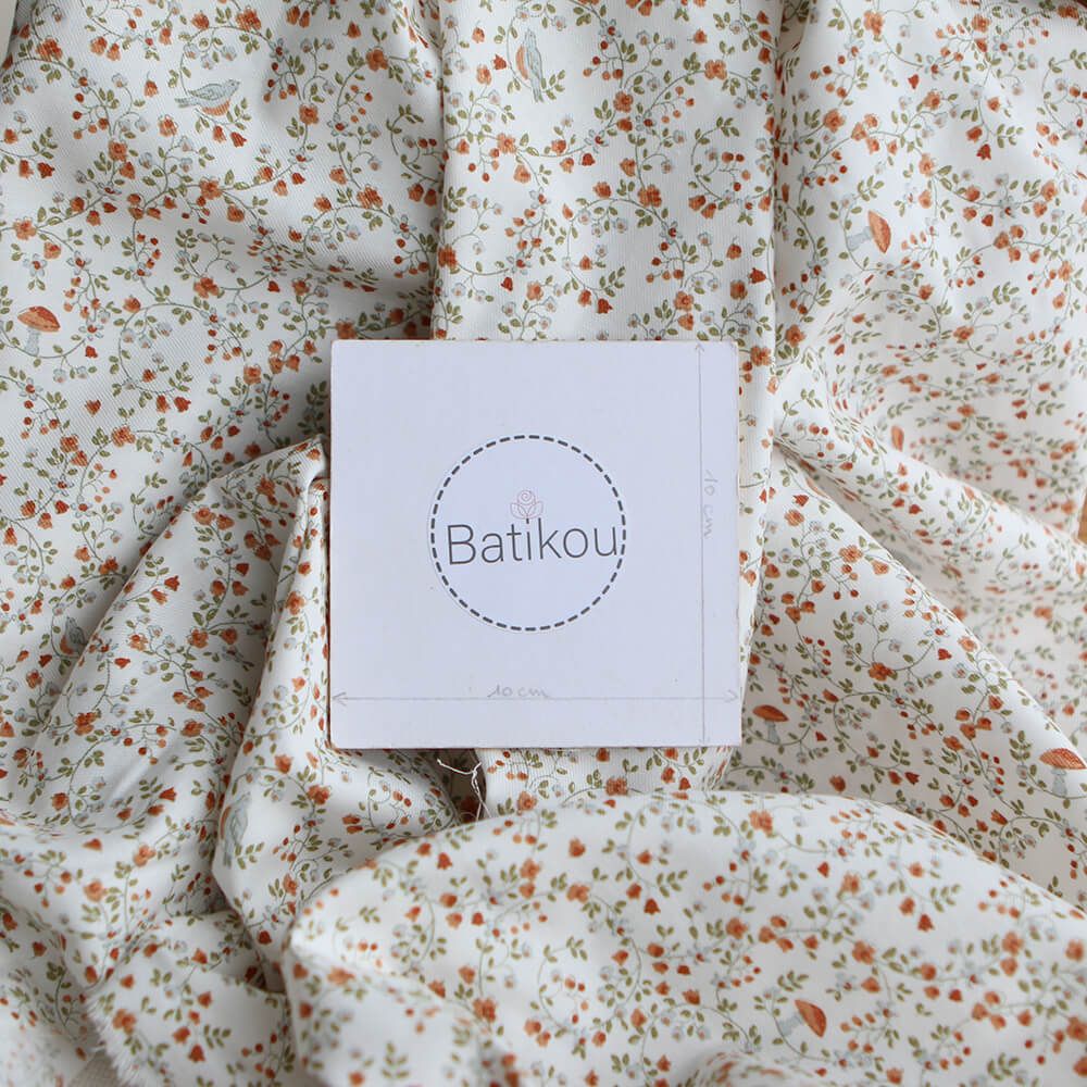 Plume - Tissu sergé de coton imprimé fleuri et oiseaux roux