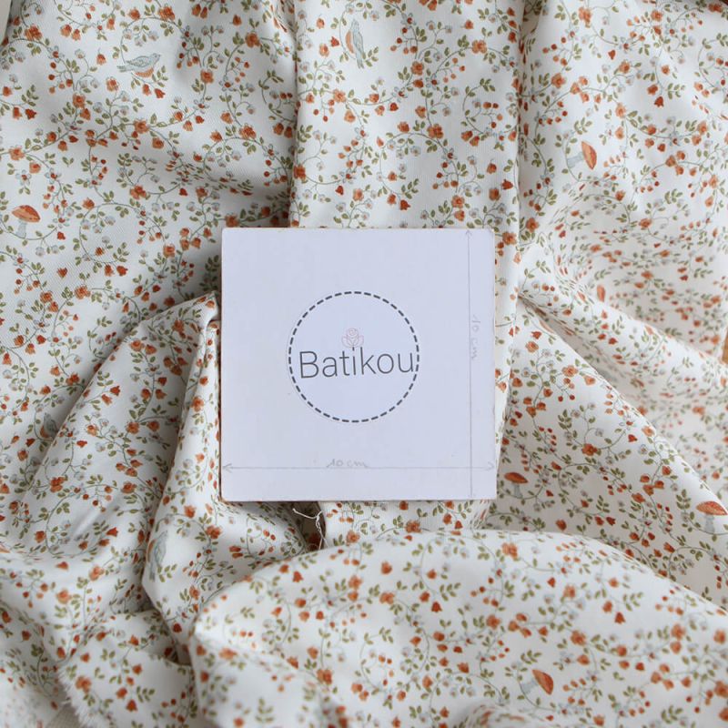 Plume - Tissu sergé de coton imprimé fleuri et oiseaux roux