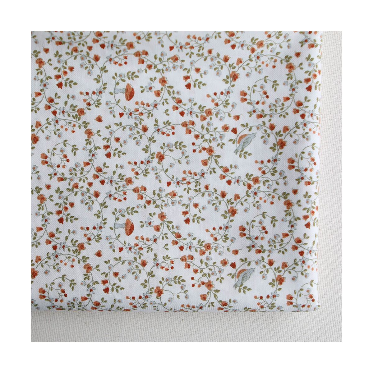 Plume - Tissu sergé de coton imprimé fleuri et oiseaux roux