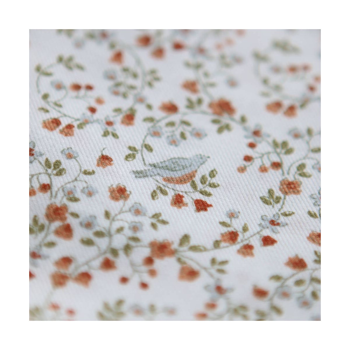 Plume - Tissu sergé de coton imprimé fleuri et oiseaux roux