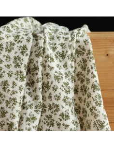 Soumeya - Double gaze coton BIO motif exclusif fond écru vert olive