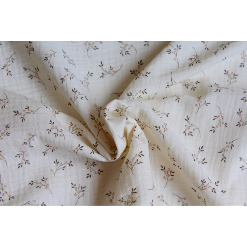 Thaïs - Double gaze de coton BIO écru à motifs fleuris Tissus issus de l'agriculture biologique  - 3