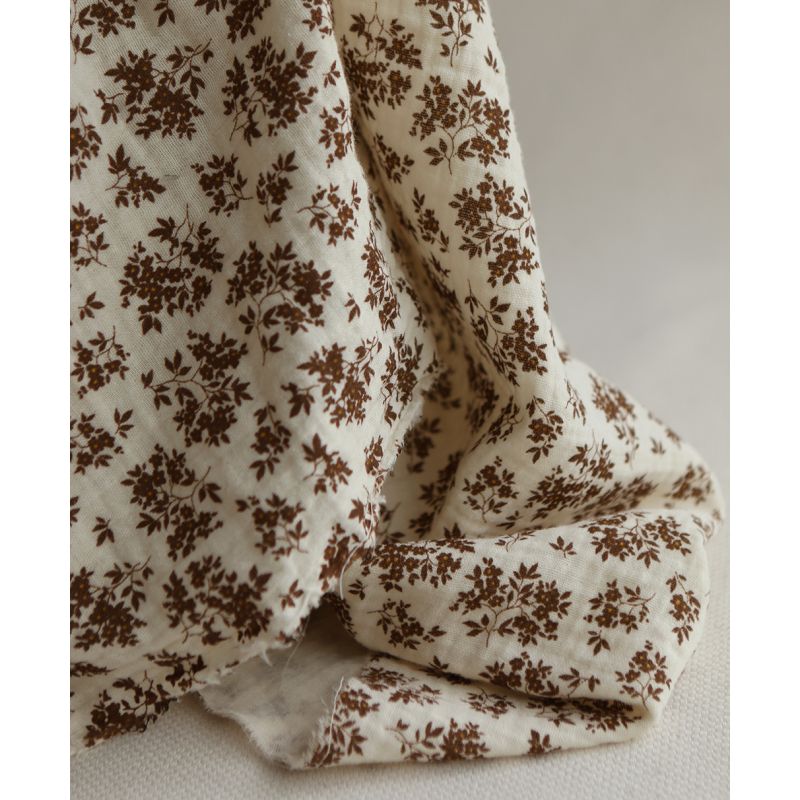 Soumeya - Double gaze coton BIO motif exclusif fond écru chocolat