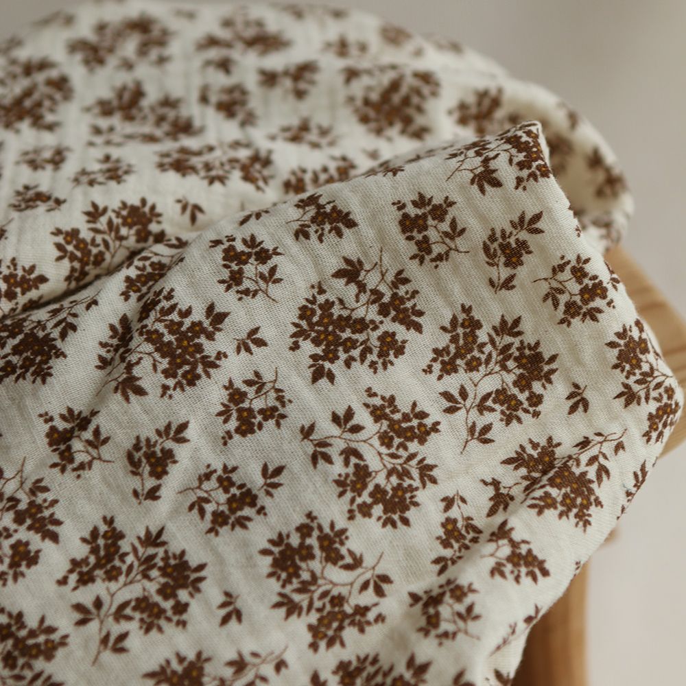 Soumeya - Double gaze coton BIO motif exclusif fond écru chocolat