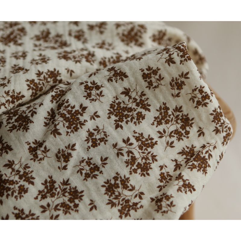 Soumeya - Double gaze coton BIO motif exclusif fond écru chocolat