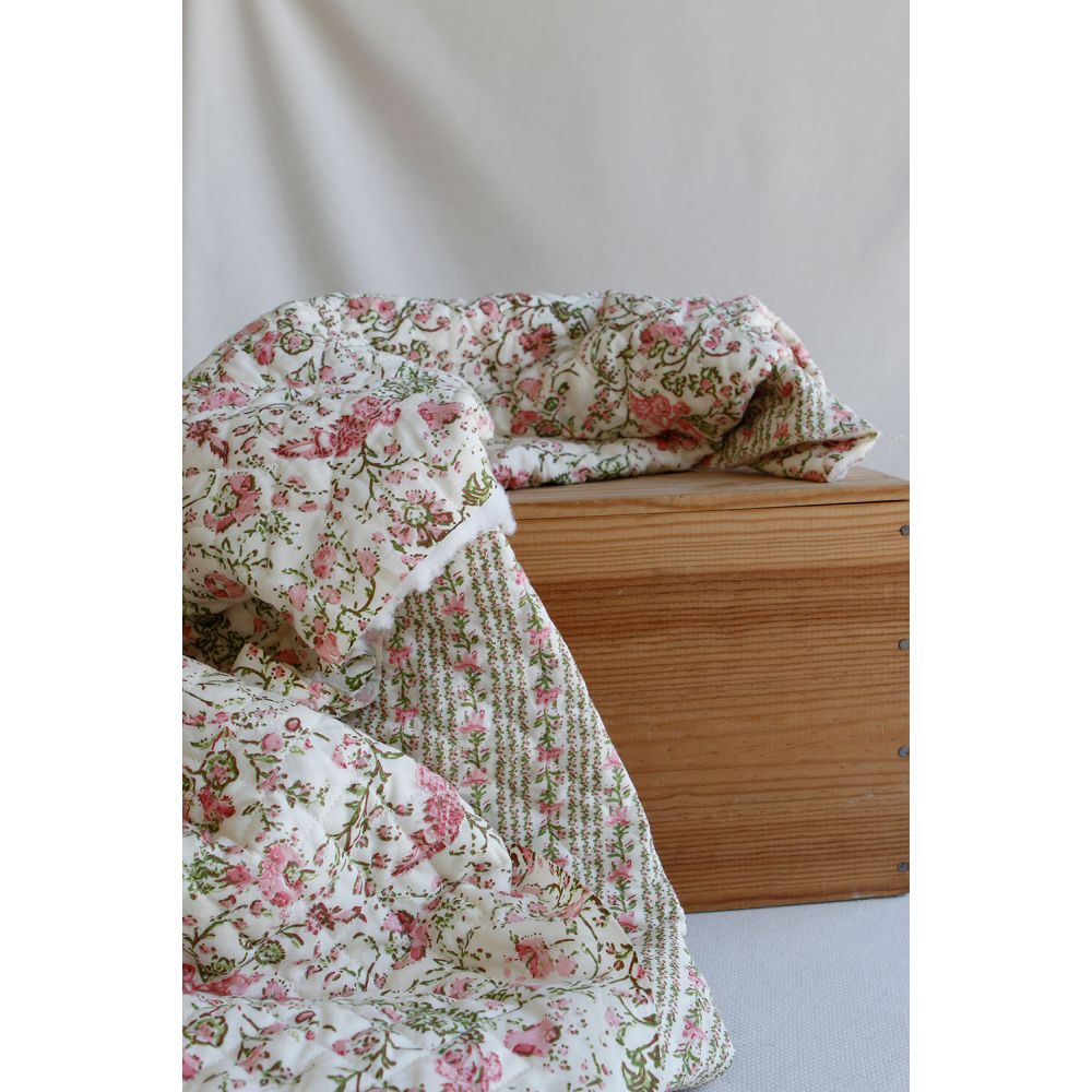 Karishma rose - Tissu indien matelassé double face coton hand block largeur 100cm