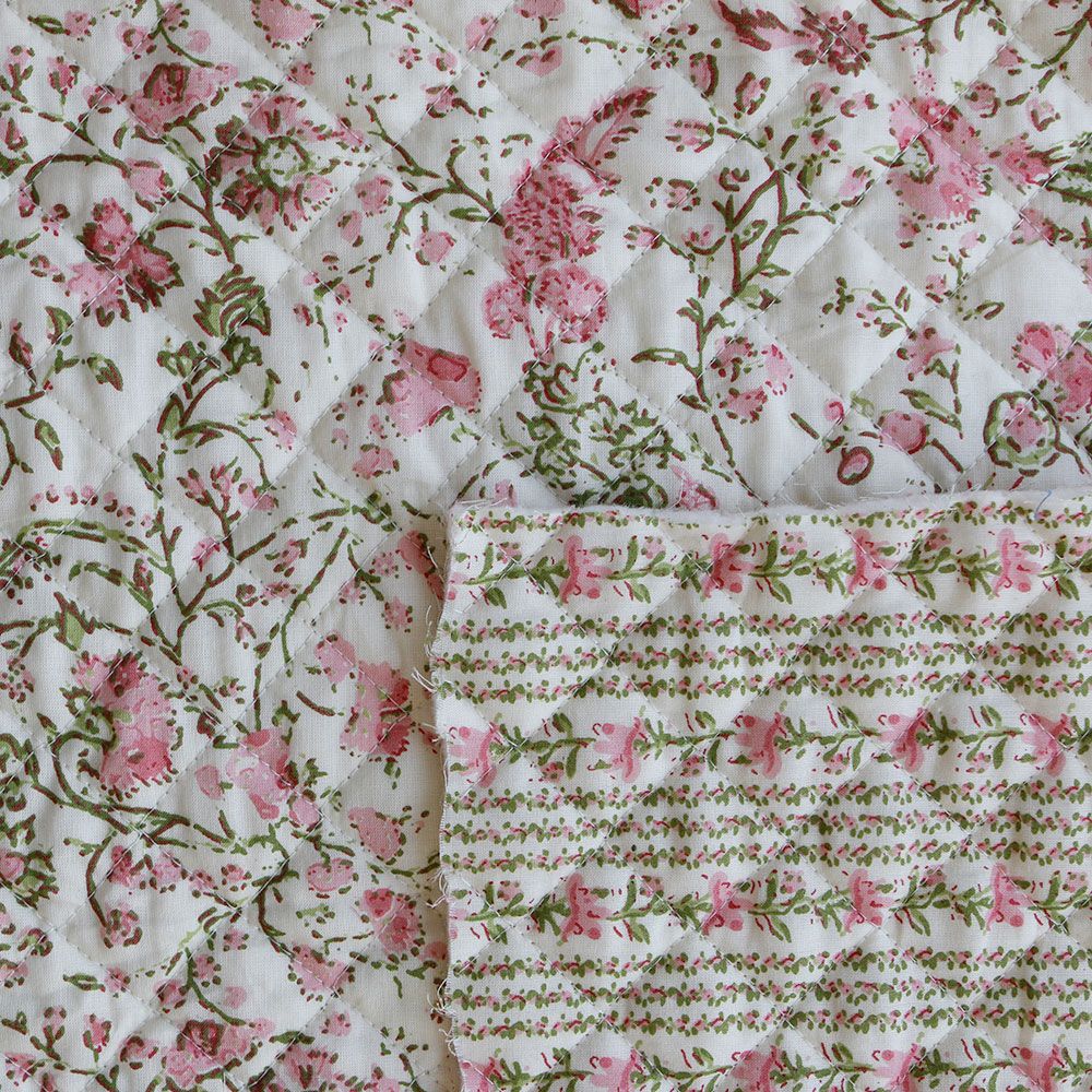 Karishma rose - Tissu indien matelassé double face coton hand block largeur 100cm