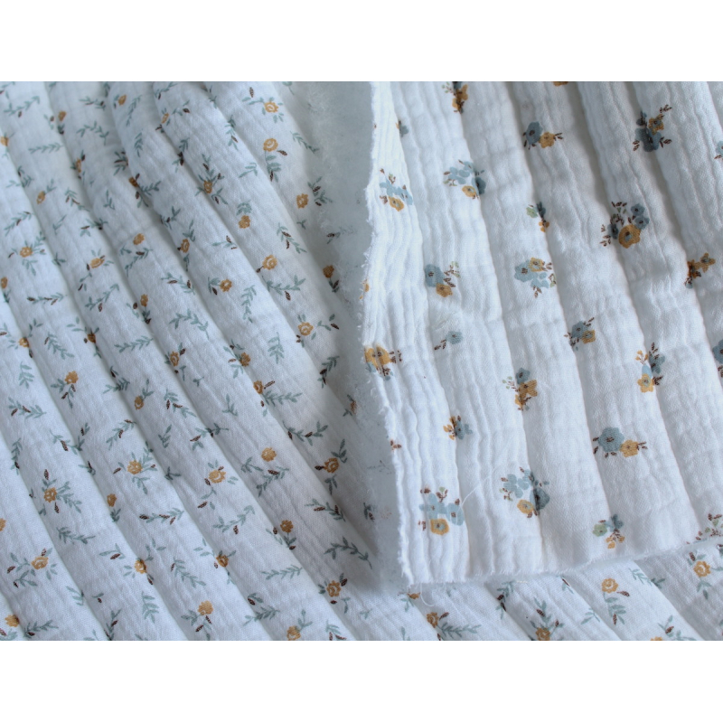 Tissu matelassé double gaze coton Janet/Hope blanc motifs fleuris