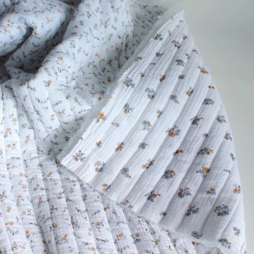 Tissu matelassé double gaze coton Janet/Hope blanc motifs fleuris
