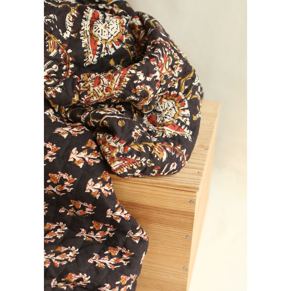 Kajal - Tissu indien matelassé double face coton hand block teal largeur 100cm