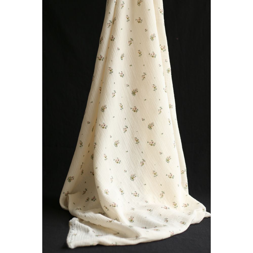 Laure - Double gaze coton BIO motif exclusif fond écru vert olive