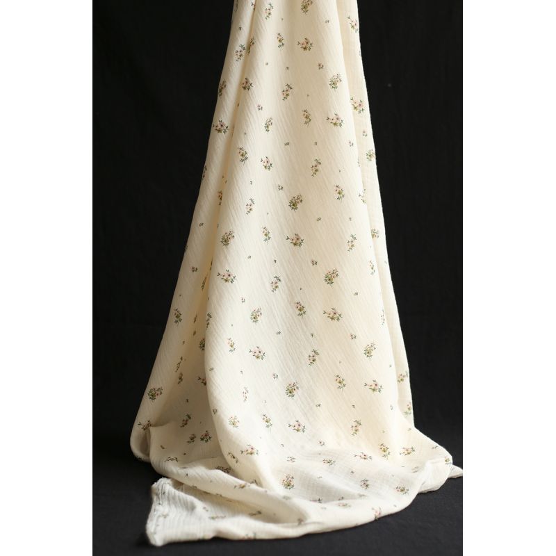 Laure - Double gaze coton BIO motif exclusif fond écru vert olive