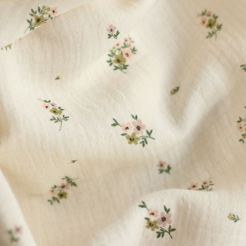 Laure - Double gaze coton BIO motif exclusif fond écru vert olive