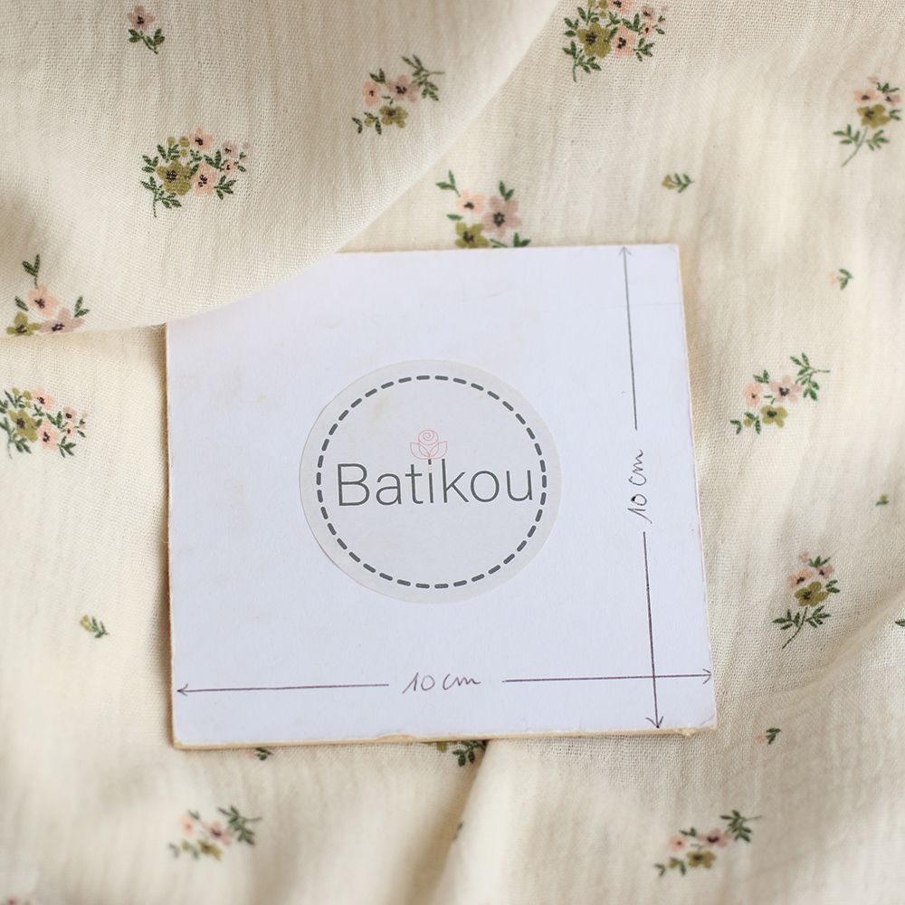 Laure - Double gaze coton BIO motif exclusif fond écru vert olive