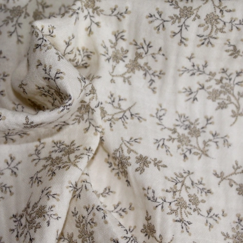 Meriem - Double gaze de coton BIO écru à motifs fleuris Tissus issus de l'agriculture biologique  - 1