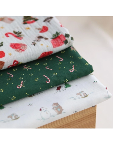 Tissu sergé de coton organique imprimé personnages d'hiver