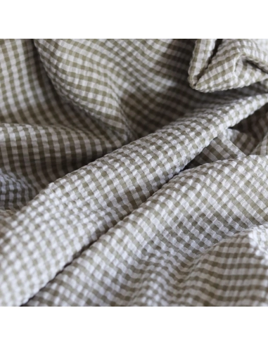 Seersucker / Coton mélangé gaufré vichy kaki clair