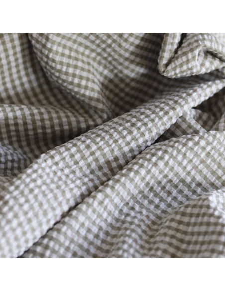 Seersucker / Coton mélangé gaufré vichy kaki clair