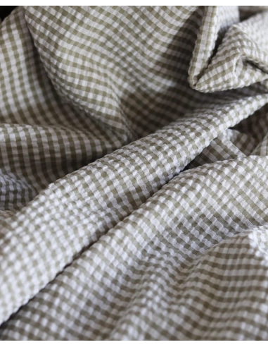 Seersucker / Coton mélangé gaufré vichy kaki clair
