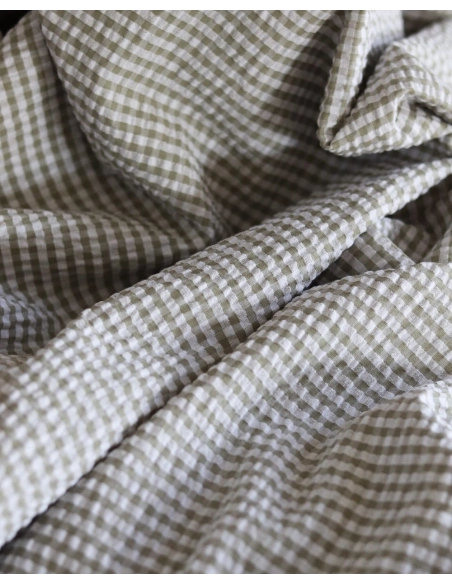 Seersucker / Coton mélangé gaufré vichy kaki clair