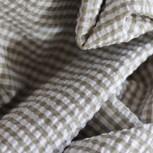 Seersucker / Coton mélangé gaufré vichy kaki clair