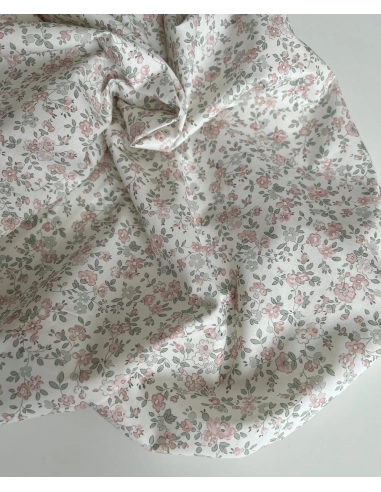 June - Popeline de coton douce BIO imprimé fleuri vert sauge et rose Tissus issus de l'agriculture biologique  - 5