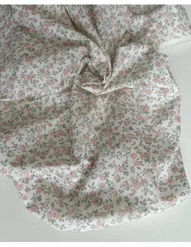 June - Popeline de coton douce BIO imprimé fleuri vert sauge et rose Tissus issus de l'agriculture biologique  - 4