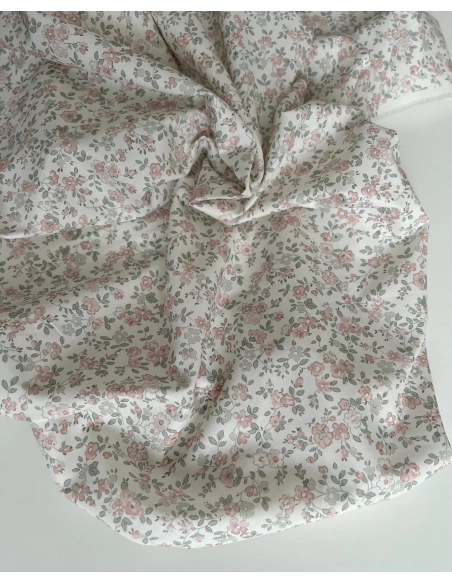 June - Popeline de coton douce BIO imprimé fleuri vert sauge et rose Tissus issus de l'agriculture biologique  - 4