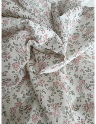 June - Popeline de coton douce BIO imprimé fleuri vert sauge et rose Tissus issus de l'agriculture biologique  - 3