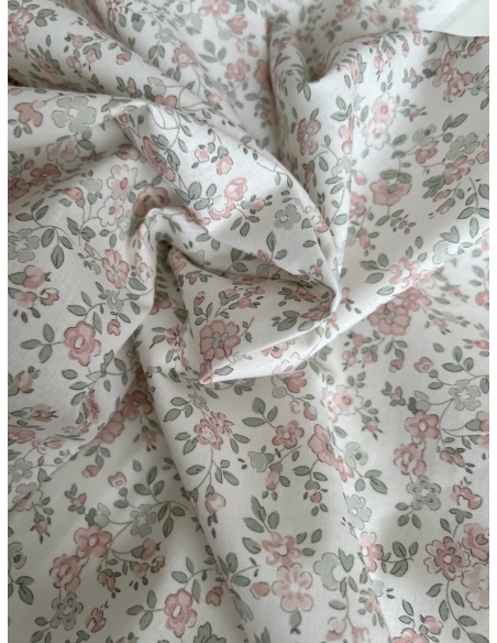 June - Popeline de coton douce BIO imprimé fleuri vert sauge et rose Tissus issus de l'agriculture biologique  - 3