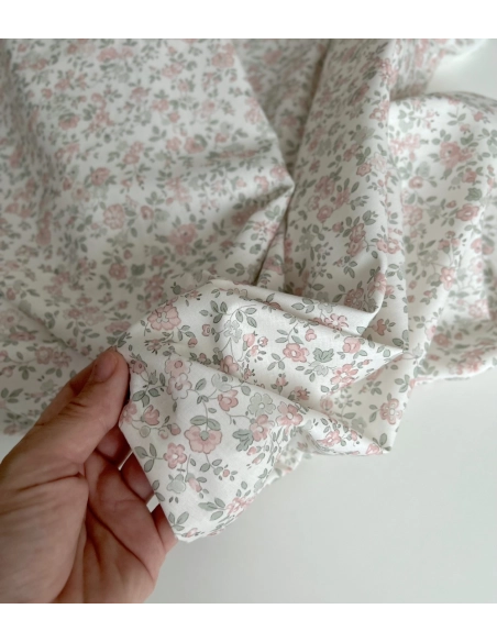 June - Popeline de coton douce BIO imprimé fleuri vert sauge et rose Tissus issus de l'agriculture biologique  - 2