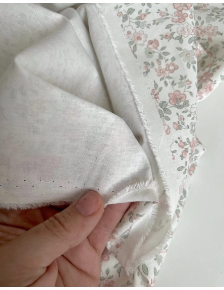 June - Popeline de coton douce BIO imprimé fleuri vert sauge et rose Tissus issus de l'agriculture biologique  - 8