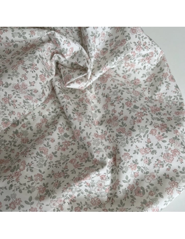 June - Popeline de coton douce BIO imprimé fleuri vert sauge et rose Tissus issus de l'agriculture biologique  - 1