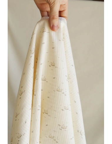 Moby - Seersucker / Coton gaufré doux écru motif marin baleine